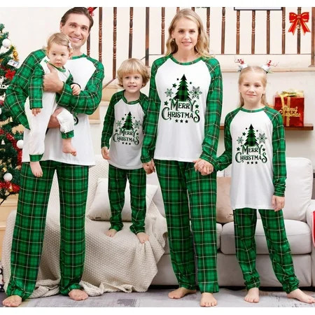 DAKIMOE Christmas Pajamas for Family Matching Family Pajamas Sets Christmas PJ s Letter Tree Top and Plaid Pants Sleepwear for Adult Kids Baby 2-Piece ( Green Mom M ) | Walmart (US)