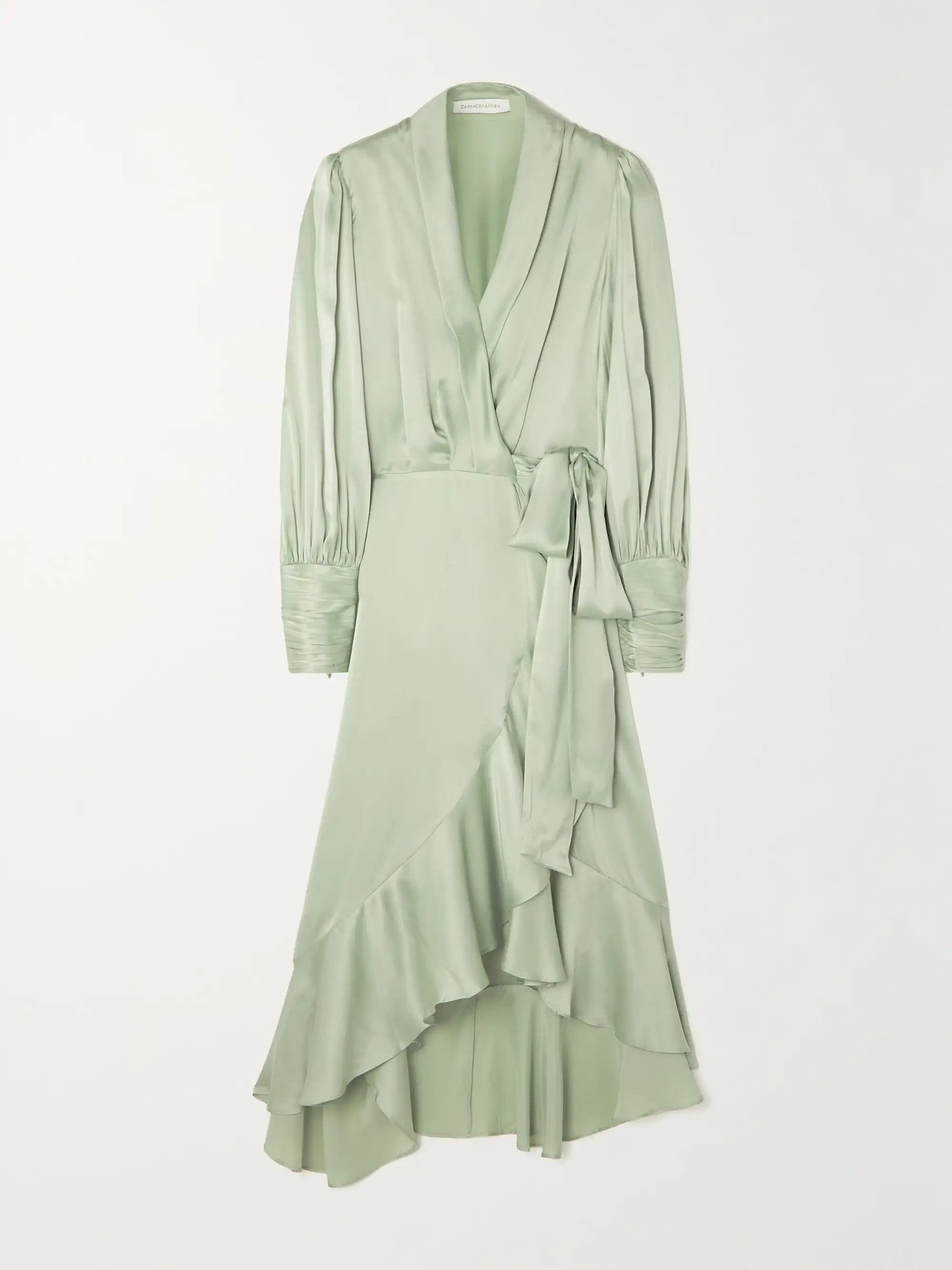 Sage green Asymmetric ruffled silk-satin wrap dress | ZIMMERMANN | NET-A-PORTER | NET-A-PORTER (UK & EU)
