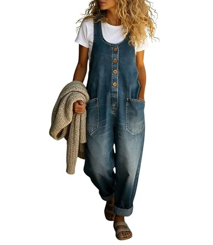 chouyatou Women's Suspender Strap Loose Denim Bib Overalls Y2k Baggy Distressed Jeans Wide Leg Jumpsuit Pants (Medium, Blue) | Amazon (US)