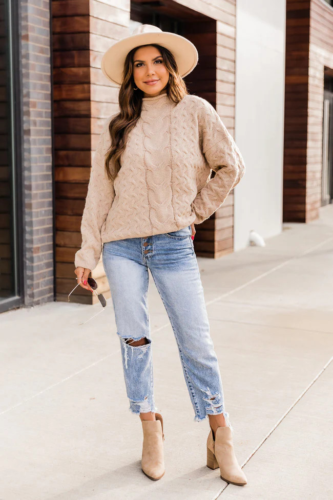 Visions Of Us Taupe Mock Neck Cable Knit Sweater | The Pink Lily Boutique