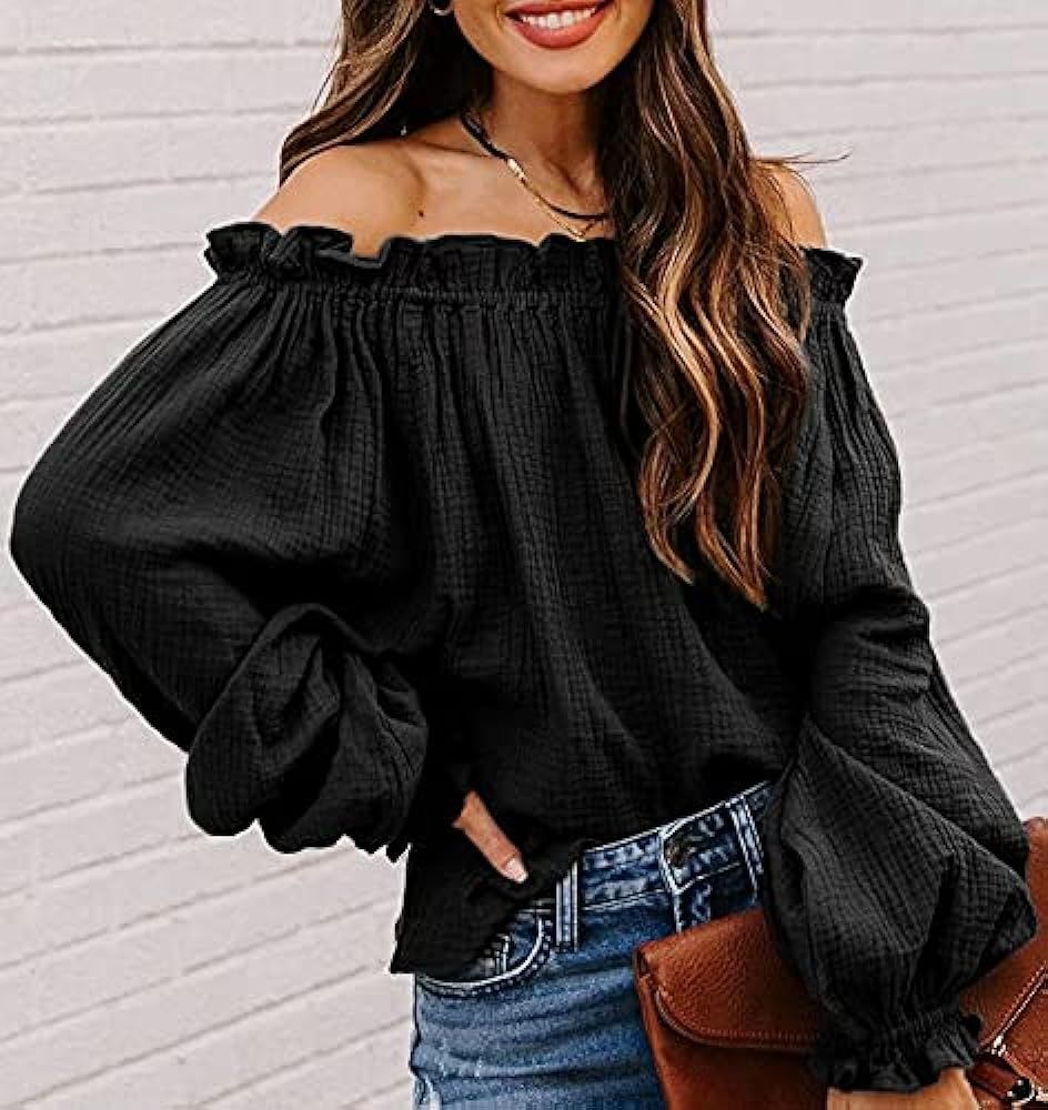 Ekaliy Women Off Shoulder Tops Solid Long Sleeve Bell Sleeves Lace Chiffon Ruffle Shirt Casual Blous | Amazon (US)