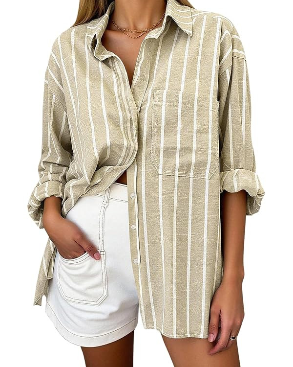 Oversized Button Down Shirts for Women Linen Shirt Long Sleeve Collared Blouses with Pocket Beach... | Amazon (US)