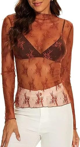 Fleoewo Womens Lace Long Sleeve Top Mesh Sheer Layering Top Mock Neck See Through Floral Shirt Tops(Reddish Brown,L) | Amazon (US)