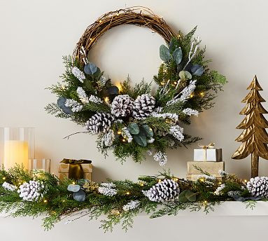 Pre-Lit Faux Frosted Greens & Pinecones Wreath & Garland | Pottery Barn (US)