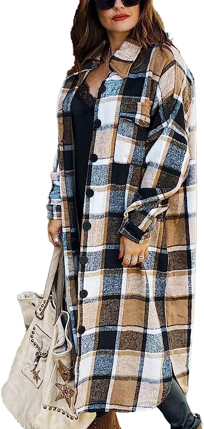 Omoone Women's Lounge Lapel Button Up Long Sleeve Plaid Long Shirt Jacket Shacket | Amazon (US)