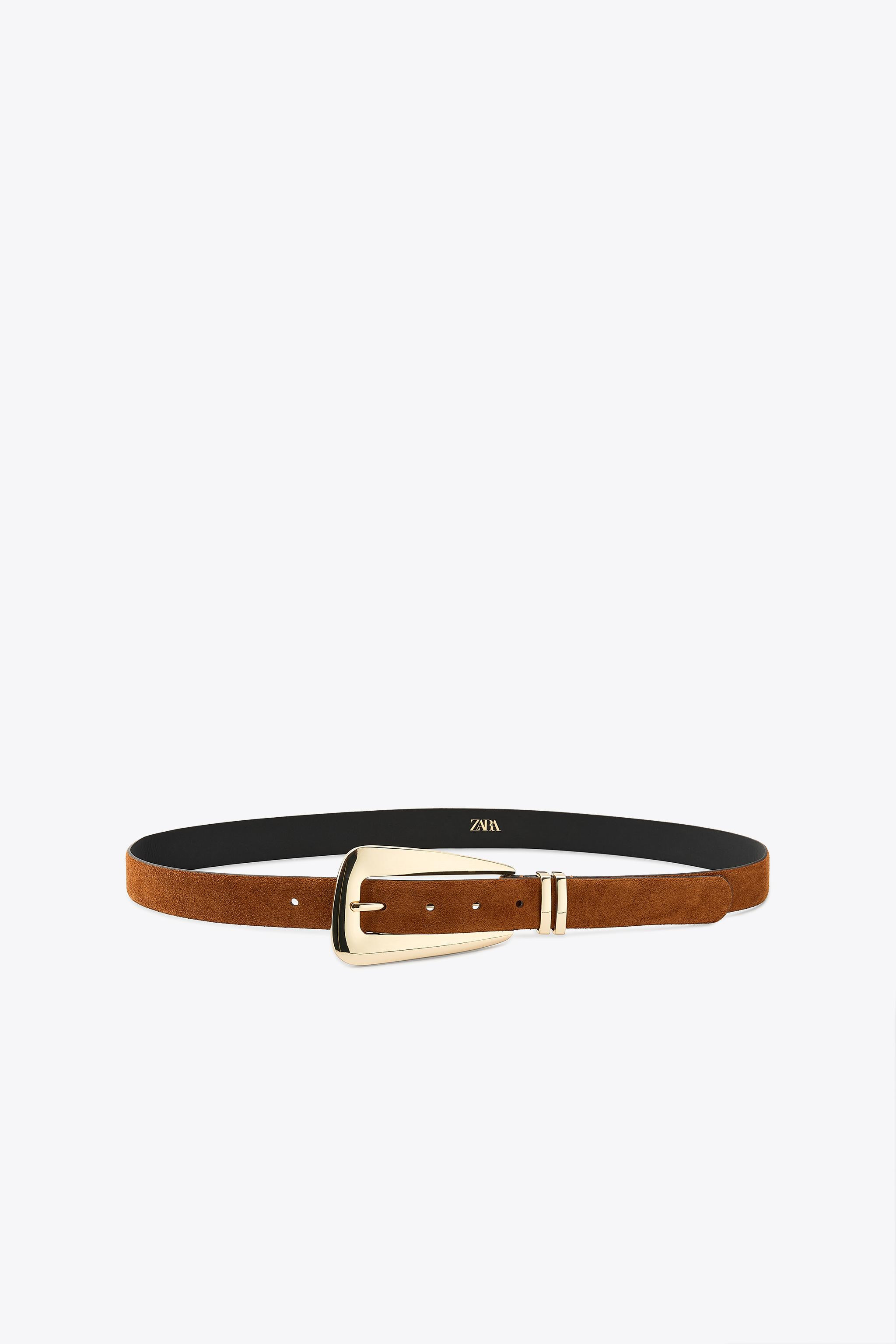 3 cm wide split leather belt. Large rectangular metal buckle. | Zara US