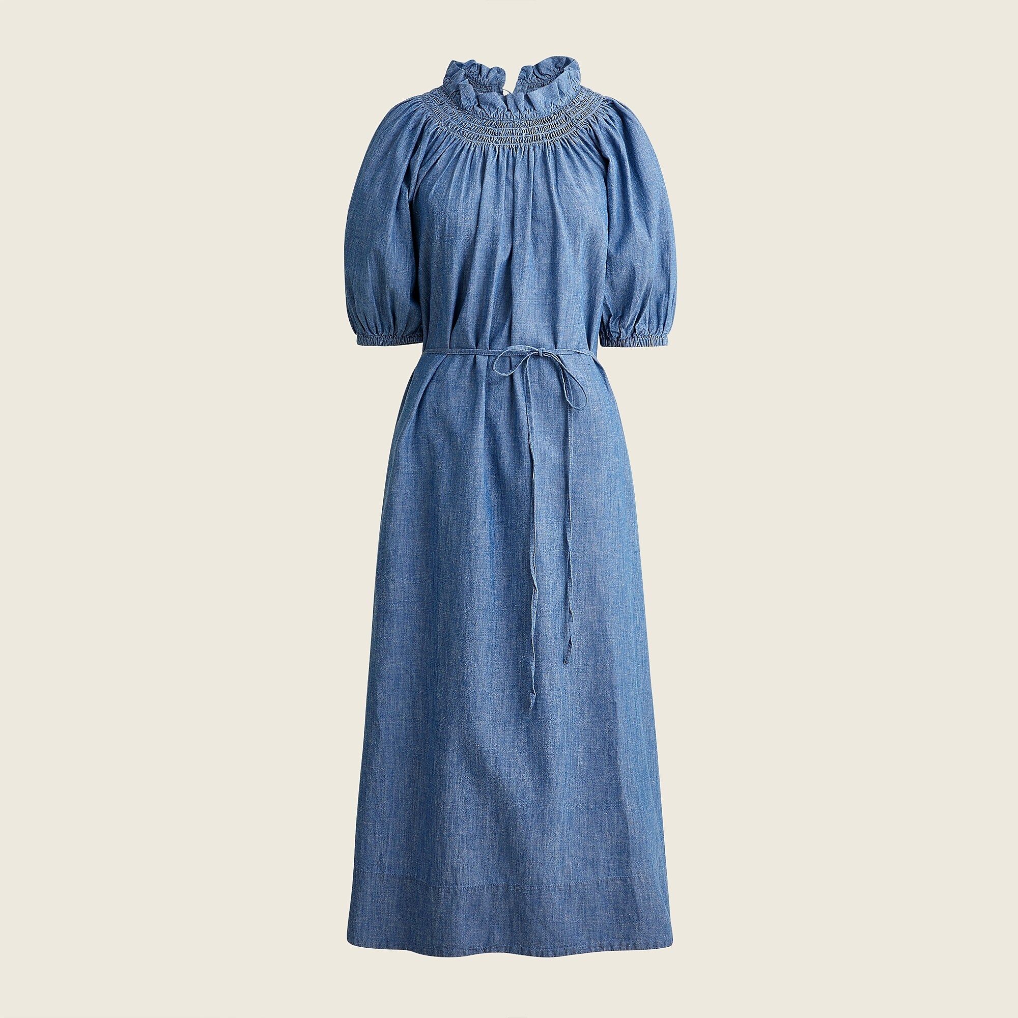 Smocked-neck puff-sleeve dress in chambray | J.Crew US