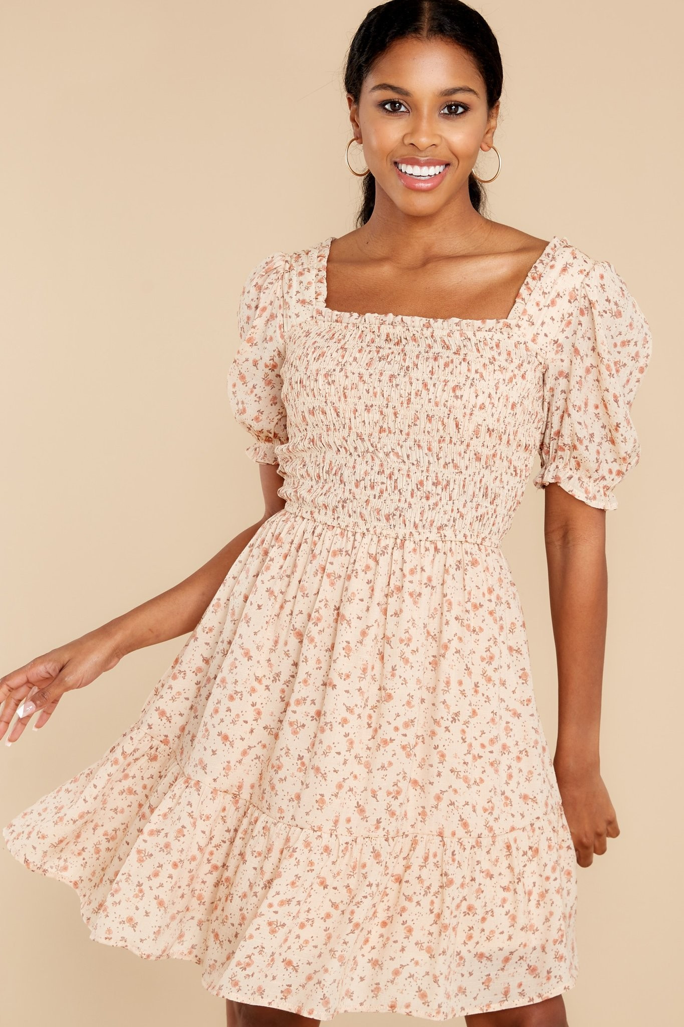 Bringing Out Smiles Khaki Floral Print Dress | Red Dress 