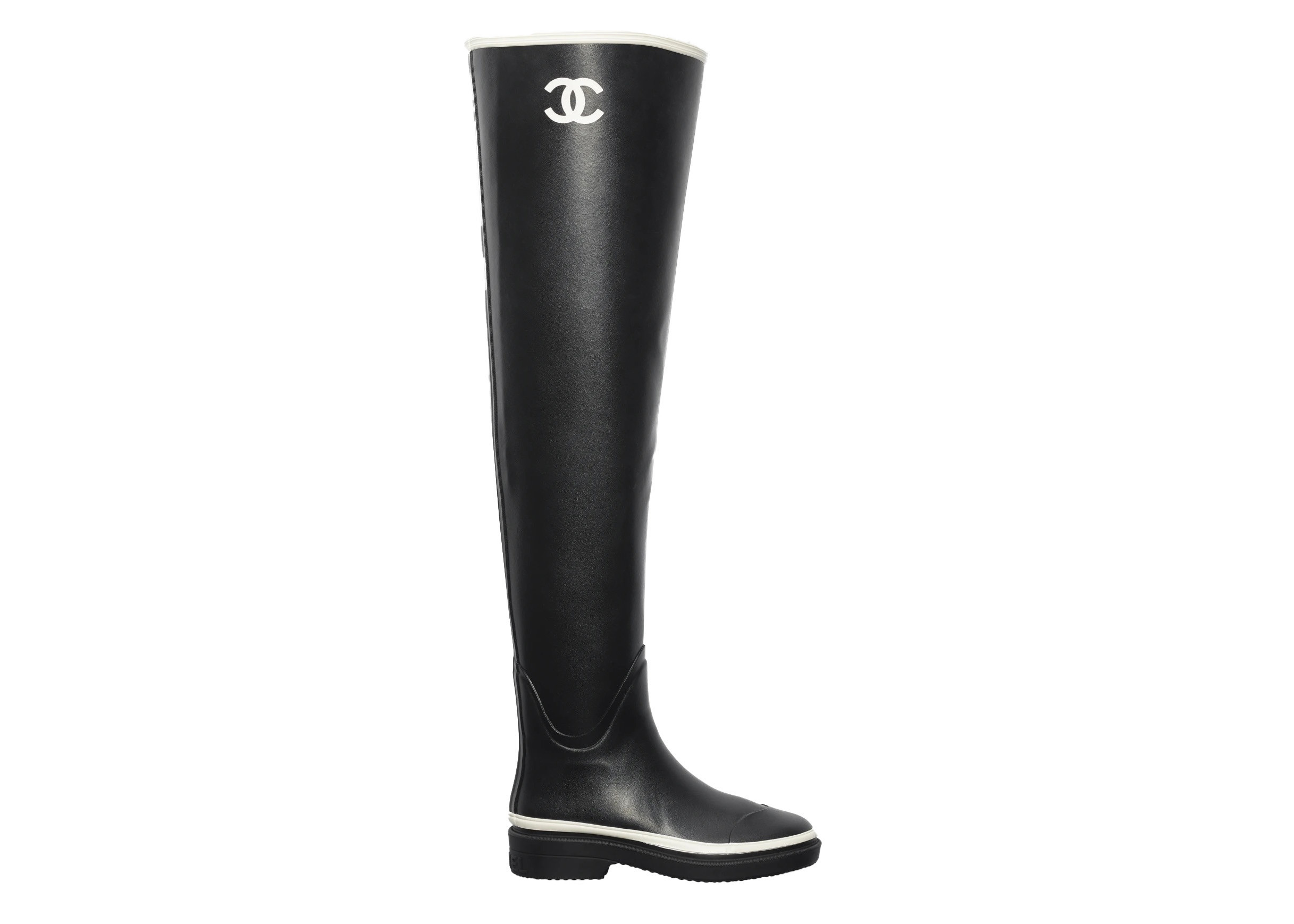 Women's Chanel Thigh High Rubber Rain Boots Sneakers in Black/Whiteie | StockX
