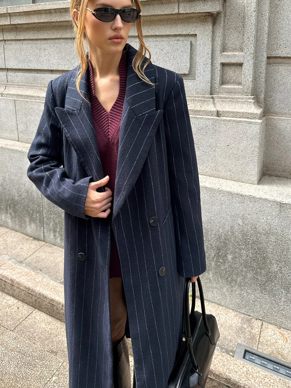 Striped Double-Breasted Long Tweed Coat | Commense