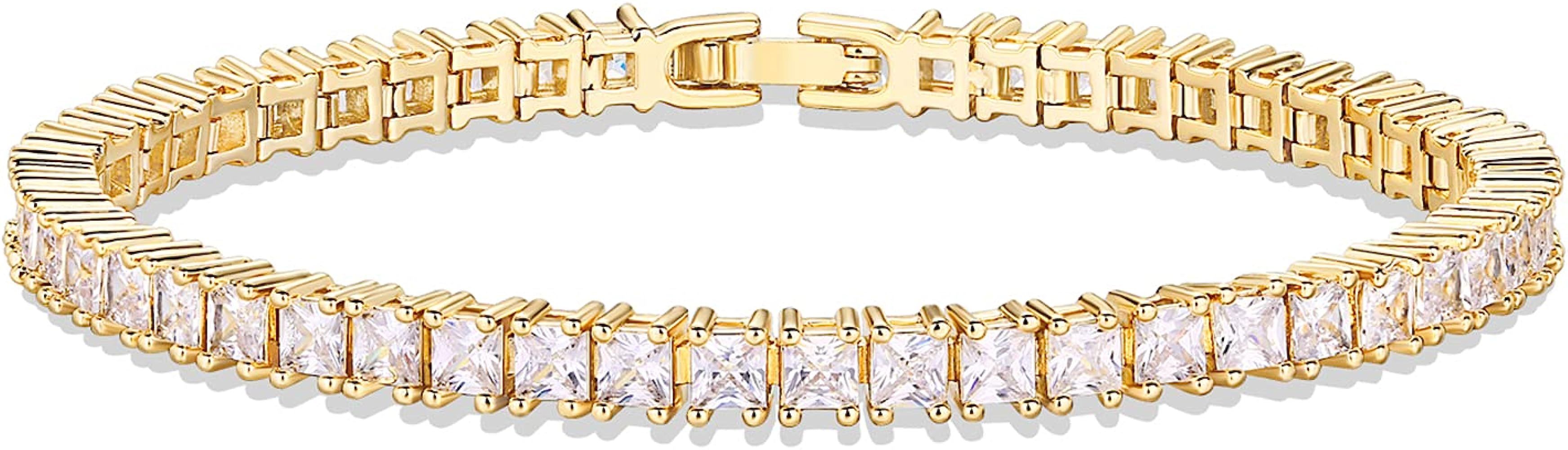 PAVOI 14K Gold Plated Princes Cut Cubic Zirconia Classic Tennis Bracelet | Gold Bracelets for Wom... | Amazon (US)