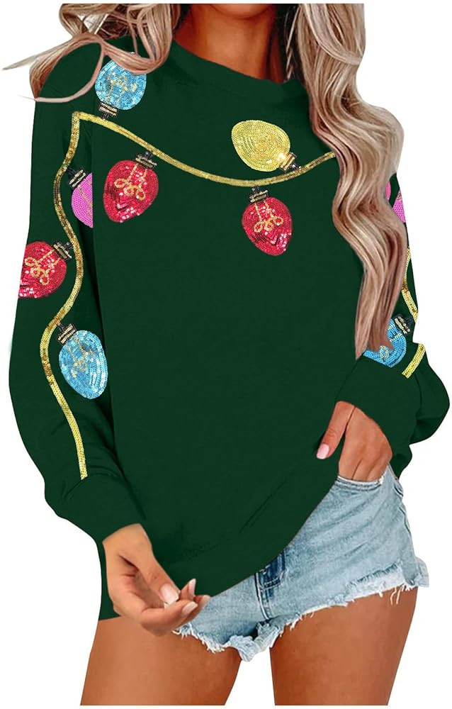 Christmas Sweatshirts for Women Sequin Christmas Light Long Sleeve Shirt Holiday Crewneck Pullove... | Amazon (US)