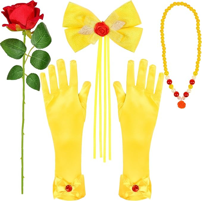 Princess Costume Accessories for Women, Yellow Hair Bow Gloves Necklace Rose Set for Halloween Dr... | Amazon (US)