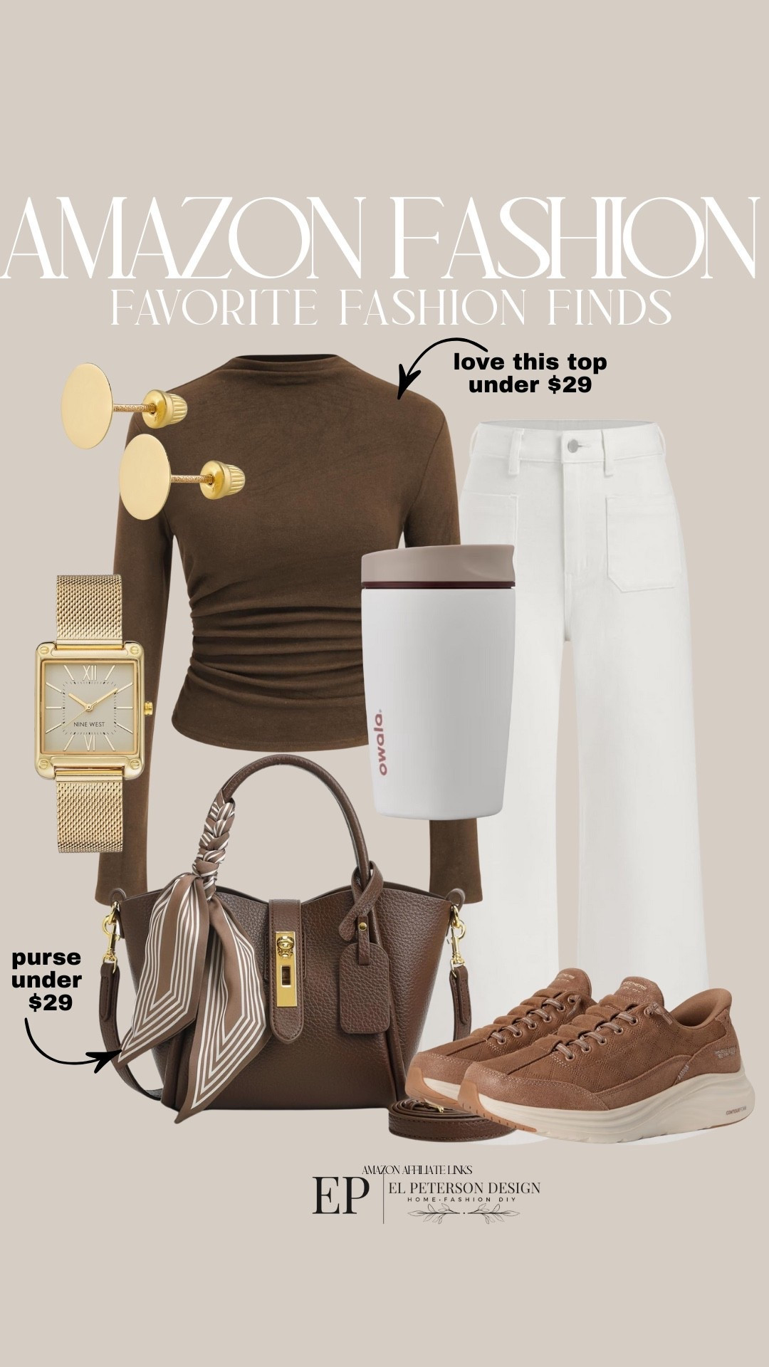 Amazon 
Top
Jeans
Sneakers 
Purse
Watch
Earrings 
Insulated cup
Earrings 