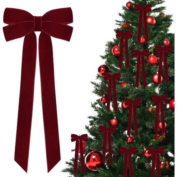 TETOU 12Pcs Burgundy Velvet Ribbon Christmas Bows Decorations,5x10 Inch Xmas Bows Ornaments for C... | Walmart (US)