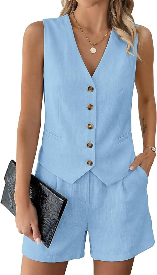 SimpleFun Womens 2 Piece Short Sets Button Down Vest Top and Shorts with Pockets Matching Summer ... | Amazon (US)