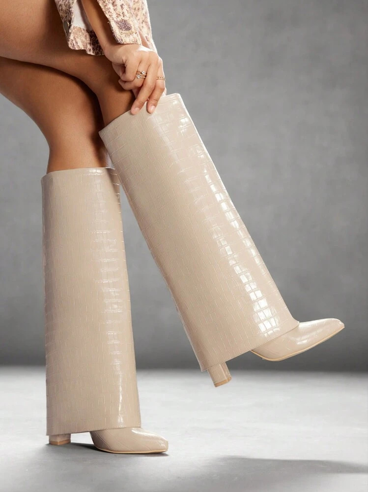 CUCCOO SZL Women's Fashion Apricot Color Pants Boots, Pointed Toe High Shaft Chunky Heel Over-The... | SHEIN