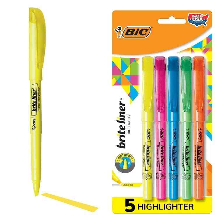 BIC Brite Liner Highlighters, Chisel Tip, Assorted Colors, 5 Count | Walmart (US)