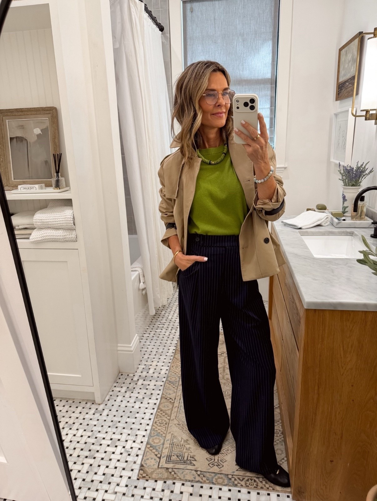 I’m 5’6’’
-J Crew chartreuse  sweater size XS
-Tanya Taylor pinstripe pant size 0, size up if in between. I had them hemmed. Exact pants are on ShopMy https://go.shopmy.us/p-43589827
-Zara shoes TTS
-Sequin jewelry discount code Tammy20
-BenaarLA cinched waist trenchcoat TTS

#LTKOver40 #LTKSeasonal #LTKootd