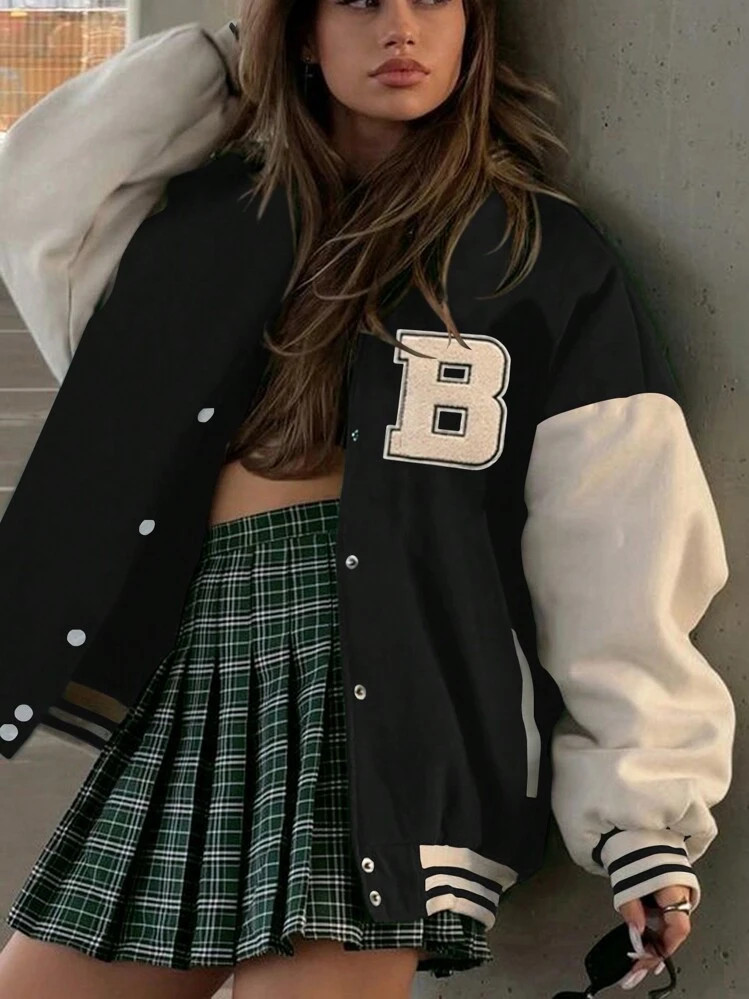 INAWLY Women's Letter Applique Contrast Color Front Button Casual Long Sleeve Jacket | SHEIN