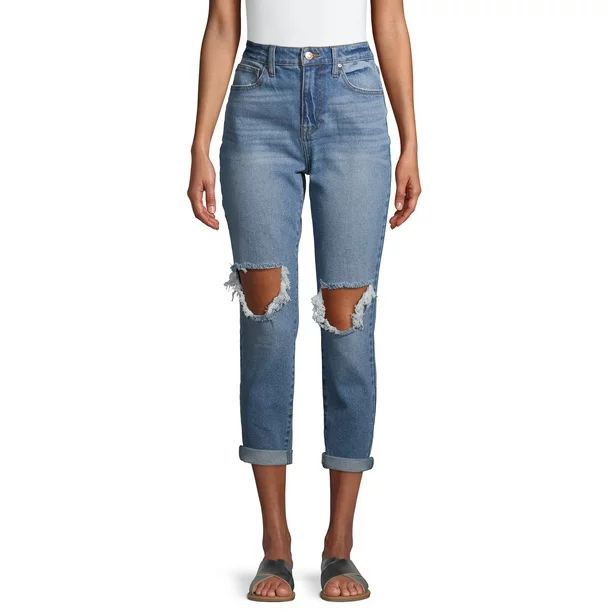 No Boundaries Juniors' Super High Rise Destructed Mom Jeans | Walmart (US)