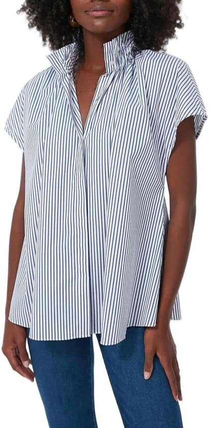 VAOYIU Women's Ruffled Mock Neck Blouse Short Sleeve Button Front Relaxed Fit Shirt | Amazon (US)