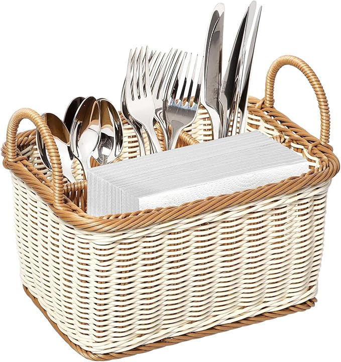 Cabilock Silverware Caddy Woven Basket Cutlery Holder, Napkin and Utensil Picnic Basket Silverwar... | Amazon (US)