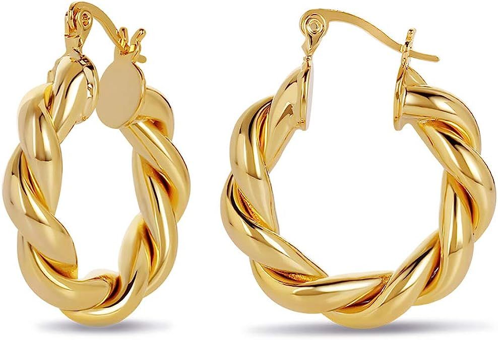 Twisted Chunky Hoop Earrings 14K Gold Plated Dainty Lightweight Hypoallergenic Open Hoops Earring... | Amazon (US)