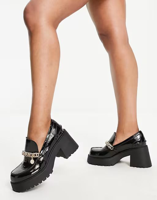 ASOS DESIGN Wide Fit Spicy chunky mid heel loafers with chain in black | ASOS (Global)