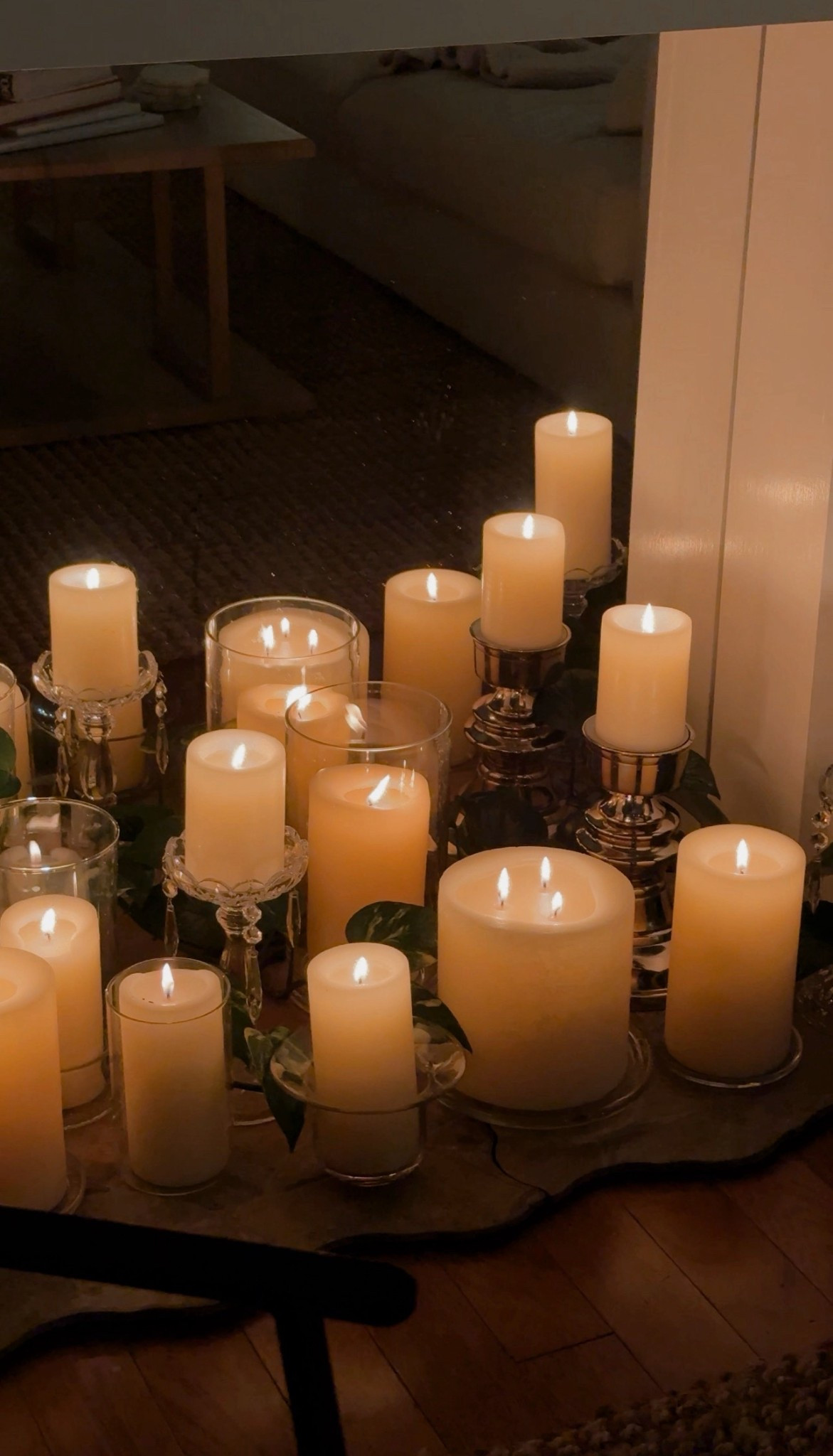 Faux fireplace candles + hurricanes 
