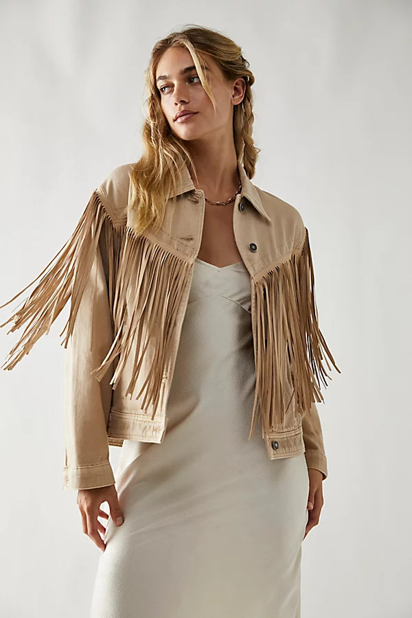 After Hours Fringe Denim Jacket by Free People, Coffee Cream, L | Free People (Global - UK&FR Excluded)