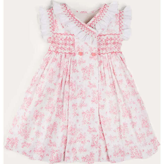 Audrey Toile Hand Smocked Double Breasted Sleeveless Dress in Pink | Maisonette