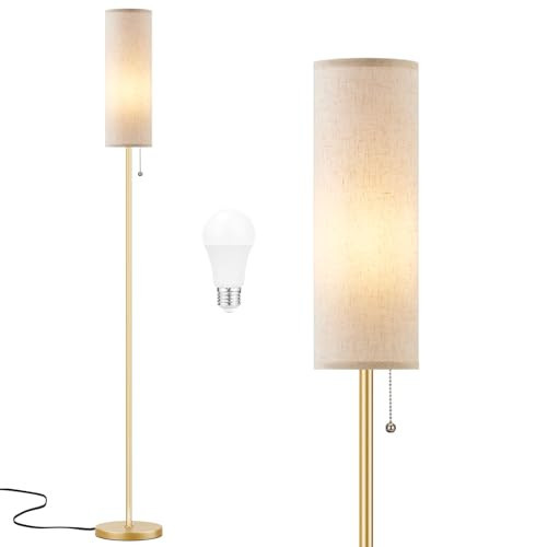 Ambimall Floor Lamp for Living Room with 3 Color Temperatures Bulb, 64" Standing lamp with Linen lampshade for Bedroom, Minimalist Pole Lamp, Beige Shade & Gold Pole | Amazon (US)