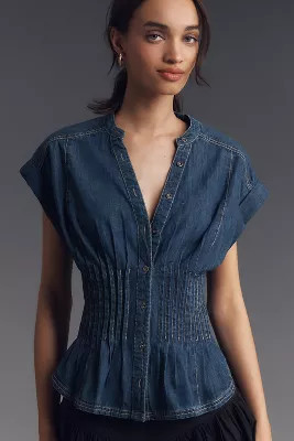 Pilcro Short-Sleeve Pleated Corset Blouse | Anthropologie (US)