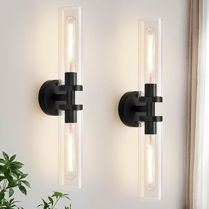 Wall Sconces Set of Two, Hardwired Matte Black Bathroom Sconces Wall Lighting with Clear Glass, M... | Amazon (US)