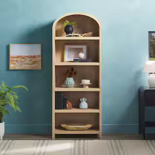 Welwick Designs Arched 76 in. Tall Coastal Oak Wood 5-Shelf Bookcase with Open Front Storage Desi... | The Home Depot