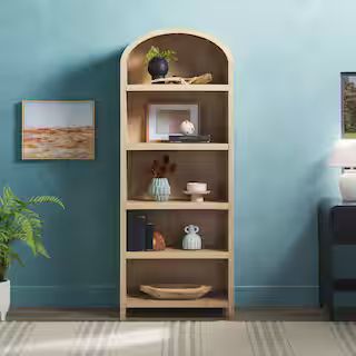 Welwick Designs Arched 76 in. Tall Coastal Oak Wood 5-Shelf Bookcase with Open Front Storage Desi... | The Home Depot