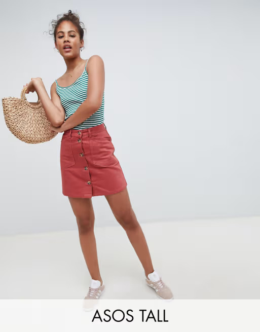 ASOS DESIGN Tall denim button through skirt in rust with tortoiseshell buttons | ASOS US