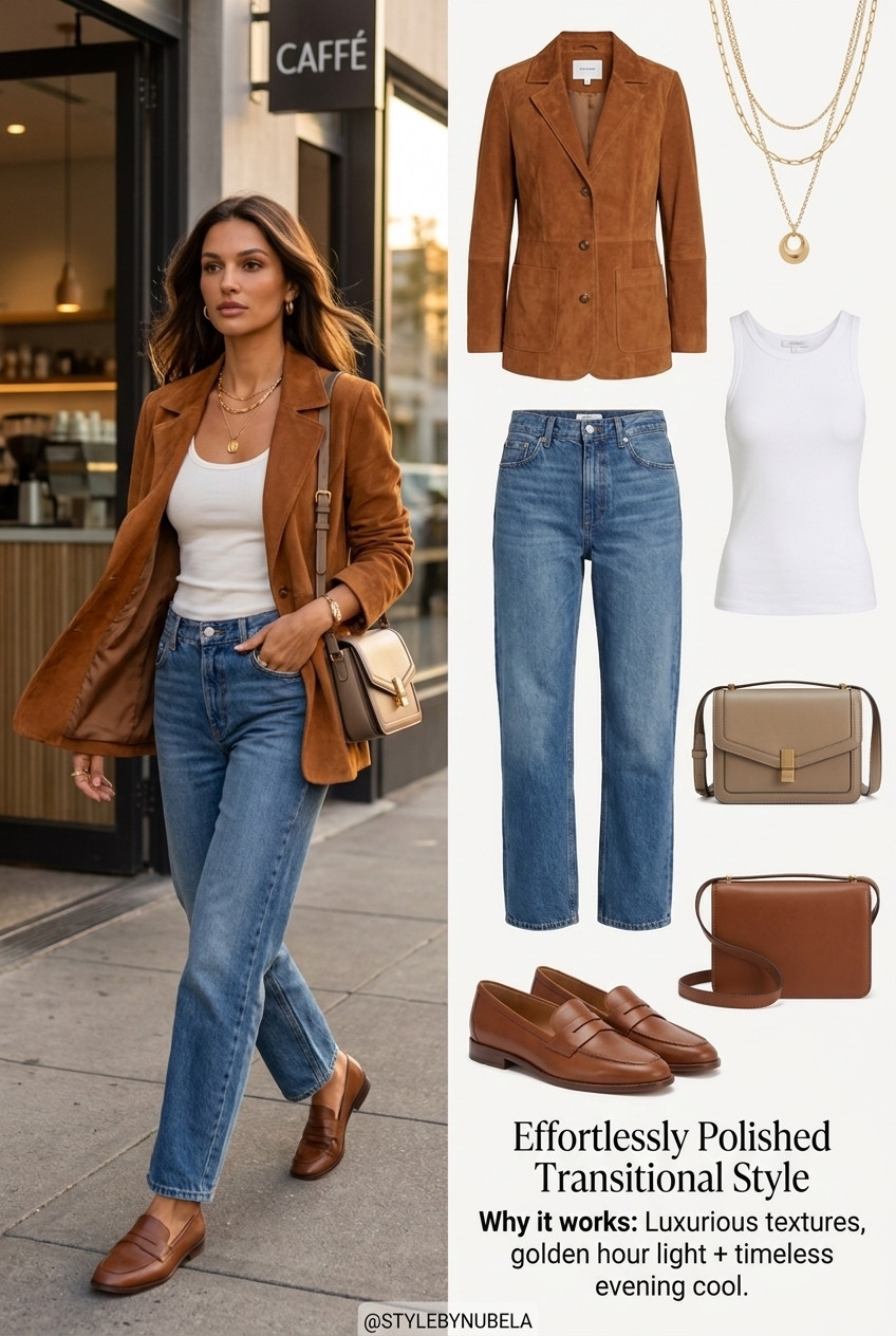 Suede blazer +Denim jeans Casual Outfit: Fall  Outfits Women, Teacher outfit, Summer/ Fall outfit style over 40, business casual outfits, Smart Casual Work outfits 

 #LTKSummer #LTKVacation 
#LTKPlusSize #LTKTall
#LTKPetite #LTKBump
#LTKmomlife #LTKOver40
#LTKMidsize #LTKvlog
#LTKgrwm #LTKootd
#LTKdayinmylife
#LTKSaleAlert 
#LTKSeasonal #LTKmomlife

Fall outfit, Winter outfit, Fall fashion, Winter style, Cozy style, Sweater weather, Neutral outfit, Everyday style, Casual chic, Layered outfit, Fall capsule wardrobe, Elevated basics, Knit sweater, Oversized cardigan, Leather jacket outfit, Trench coat outfit, Wide-leg jeans, Straight-leg denim, Faux leather leggings, Knee-high boots, Ankle boots, Loafers, Coffee run outfit, Date night outfit, Mom style, Affordable fashion, Amazon fashion, Walmart fashion, Target style, Quiet luxury, Old money aesthetic, Chic style, Timeless fashion, Classic wardrobe, Effortless style, Fall wardrobe, Winter wardrobe

#LTKStyle, #LTKFashion, #LTKFinds, #LTKSeasonal, #FallFashion, #WinterStyle, #FallOutfit, #WinterOutfit, #FallStyle, #CozyStyle, #SweaterWeather, #NeutralStyle, #CapsuleWardrobe, #EverydayStyle, #CasualChic, #LayeringSeason, #BootSeason, #DenimStyle, #EffortlessStyle, #FashionInspo, #OOTD, #StyleInspiration, #ChicStyle, #AffordableFashion, #AmazonFashion, #TargetStyle, #WalmartFashion, #FallWardrobe, #WinterWardrobe, #CozyVibes

#LTKxMadewell #LTKWorkwear #LTKTravel