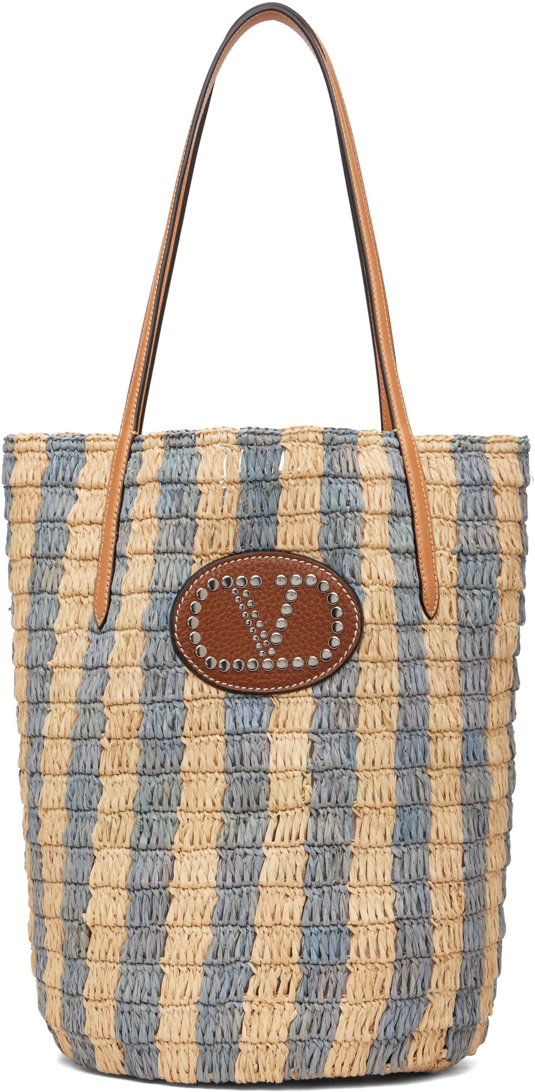 Valentino Garavani Beige & Blue Striped Raffia Shopping Tote | SSENSE