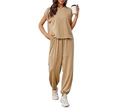Glamaker Women's 2 Piece Outfits Fashion Sleeveless Crewneck Sweatsuits Loose Fit Top High Waist ... | Amazon (US)