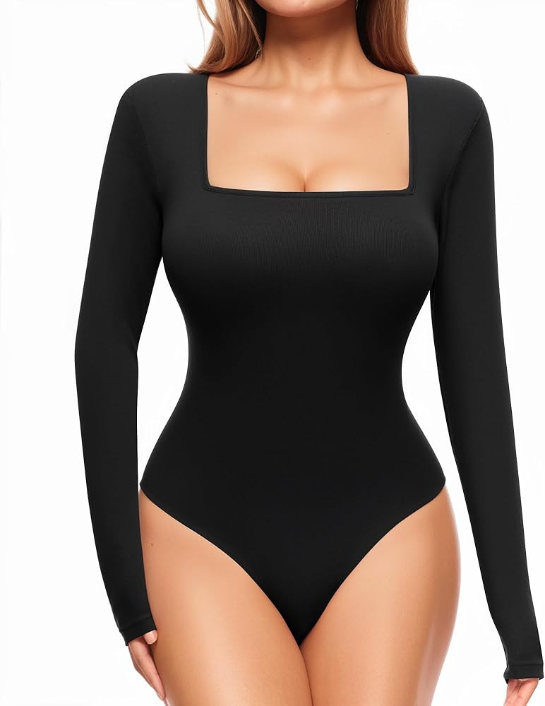 ALGALAROUND Women's Square Neck Short Sleeve Long Sleeve Bodysuits Basic Slim Fit Tops | Amazon (US)
