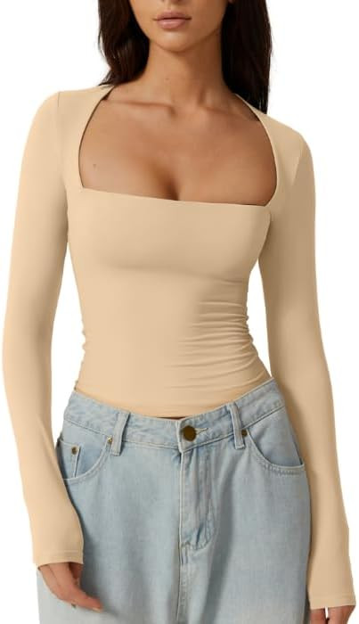 QINSEN Women's Sexy Square Neck Shirt Long Sleeve Double Lined Tees Fitted Going Out Tops | Amazon (US)