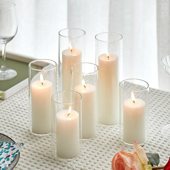 Set of 6 White Pillar Candles with Clear Glass Hurricane Holders- Elegant Cylinder Candle Vases f... | Amazon (US)