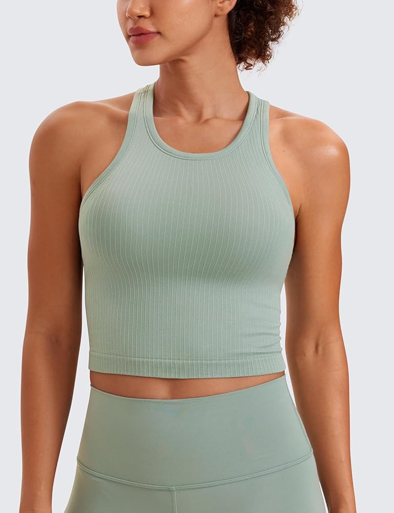 CRZ YOGA Seamless Ribbed High Neck Crop Tank Tops for Women - Longline Racerback Padded Sports Br... | Amazon (US)