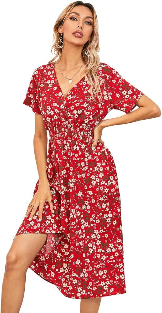 Anna-Kaci Women's Boho Floral Print Dress V-Neck Short Sleeve Elastic Waist A-line Beach Midi Dre... | Amazon (US)