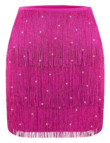 MANER Women’s Fringe Skirt Stretchy Sparkly Bodycon Tassel Trim Mini Skirt (Small, Sparkly Hot Pink) | Amazon (US)