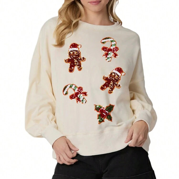 Womens Sequin Christmas Sweatshirt Gingerbread Crewneck Long Sleeve Pullover Tops Casual Streetwe... | SHEIN