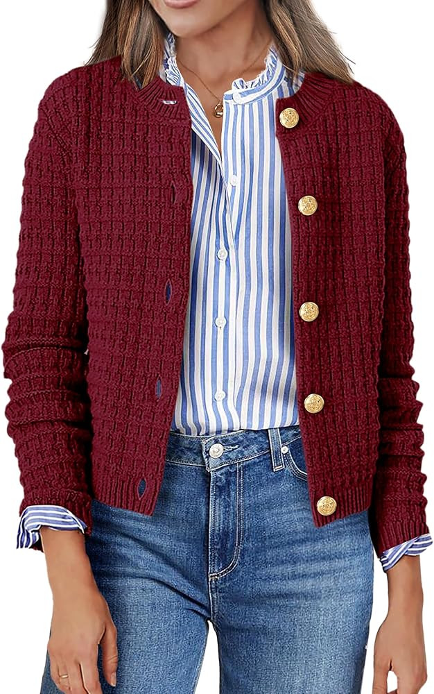 Zeagoo Women's 2024 Knit Cardigan Sweaters Long Sleeve Open Front Button Down Crew Neck Tweed Cro... | Amazon (US)