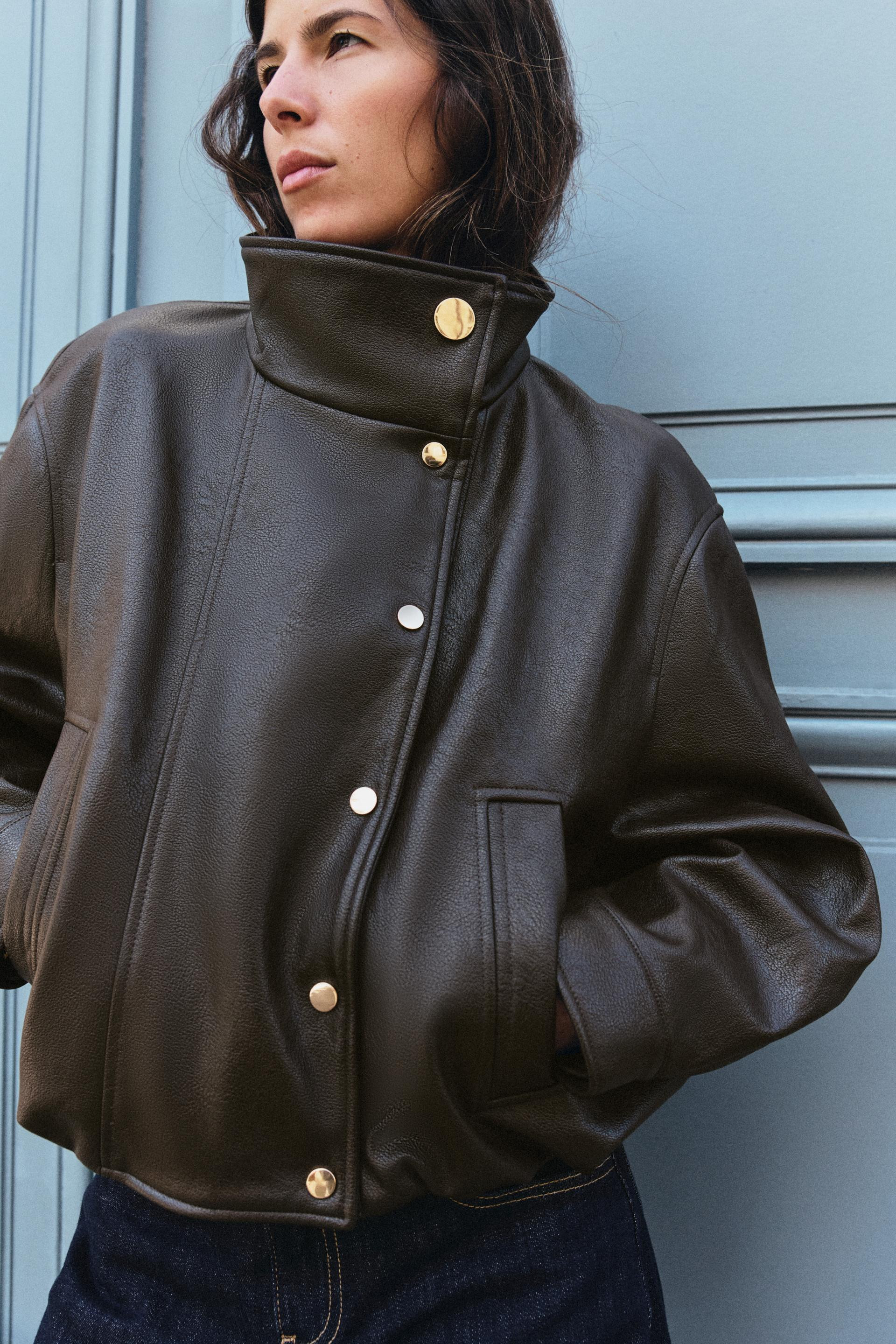 Zara - Faux Leather High-Neck Bomber Jacket - Brown - S - Woman | Zara US